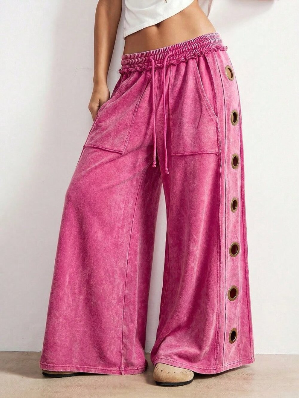 Hot Pink Casual Women's Knit Wide Leg Sweatpants - Picture 4 of 8